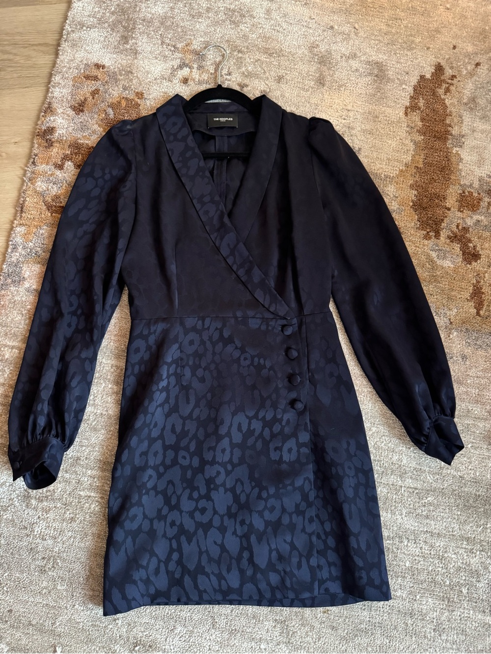 The Kooples Navy Leopard Jacquard Long Sleeve Wrap Dress